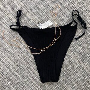 aerie black  Ribbed Triangle Bikini Bottom Free Sexy Gold Pearl Waist Chain XL